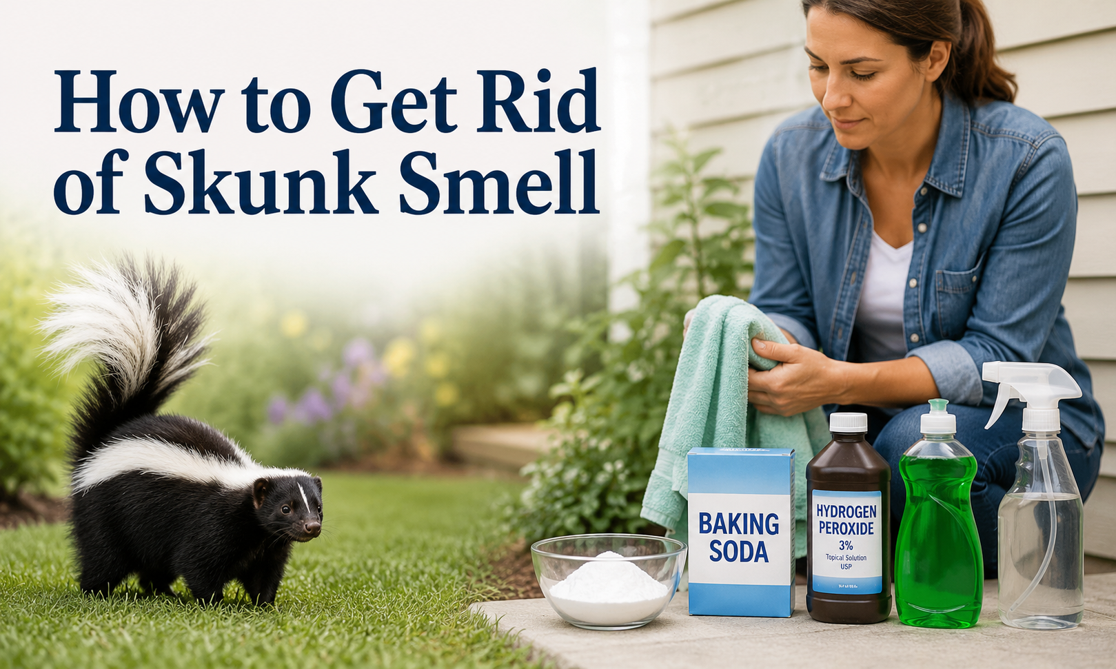 How to get rid of skunk smell using baking soda, hydrogen peroxide, dish soap, and a towel outdoors