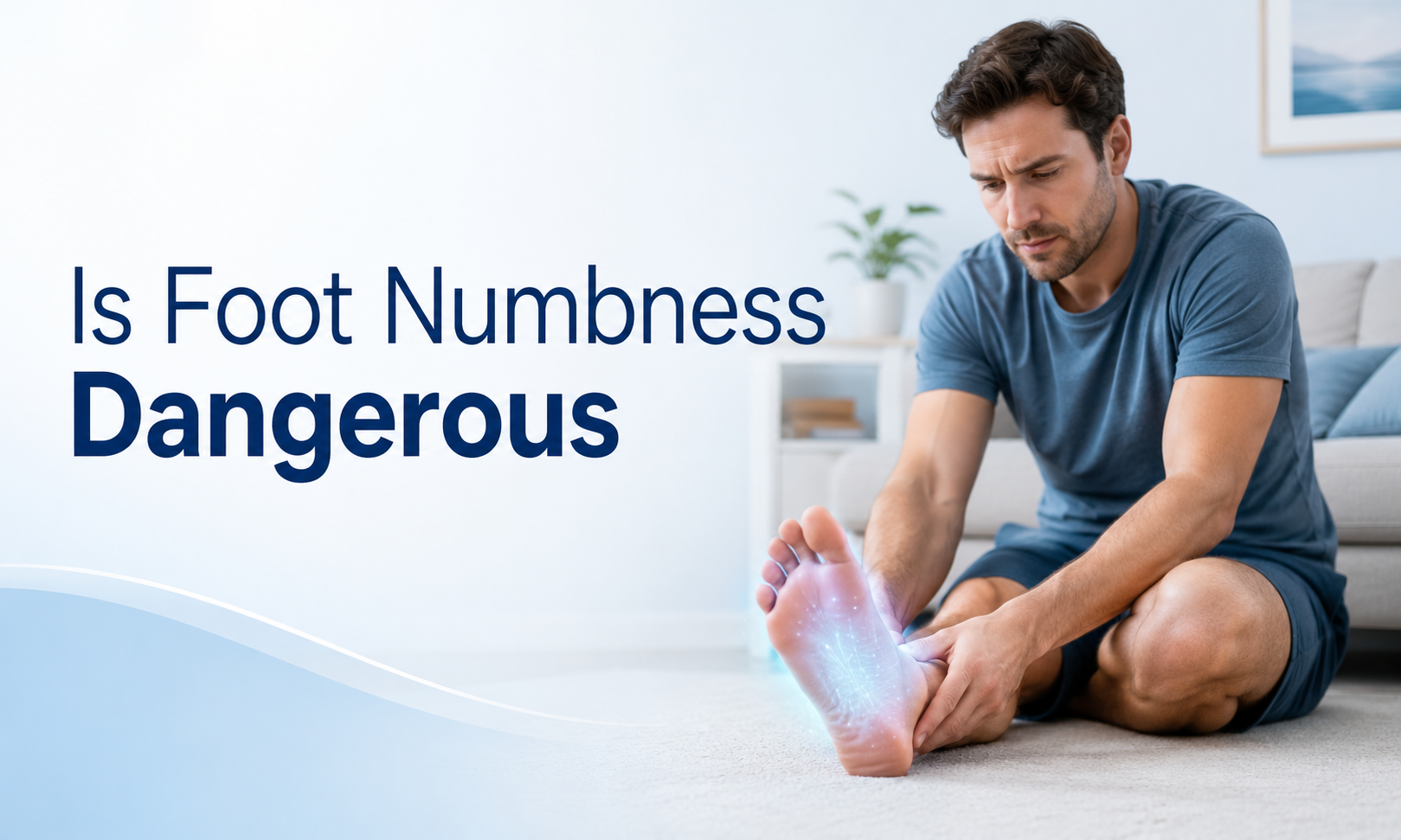 Man checking his numb foot with a highlighted tingling effect for an article about whether foot numbness is dangerous