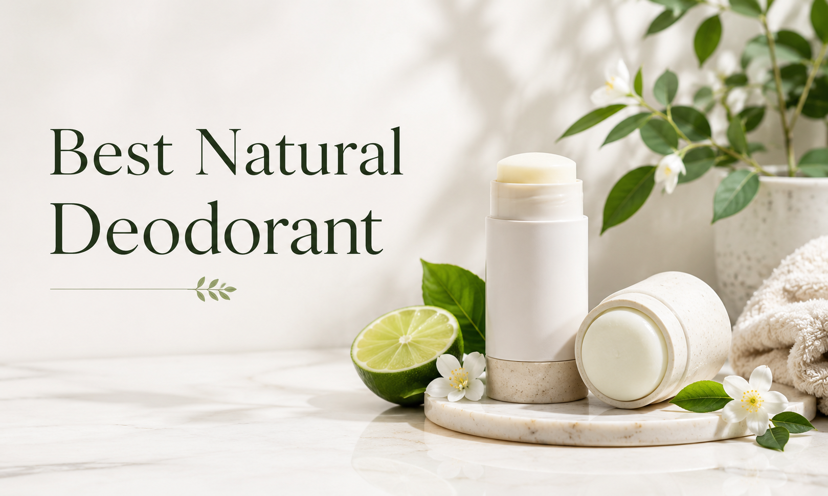 Natural deodorant sticks with lime, leaves, and white flowers on a clean bathroom countertop